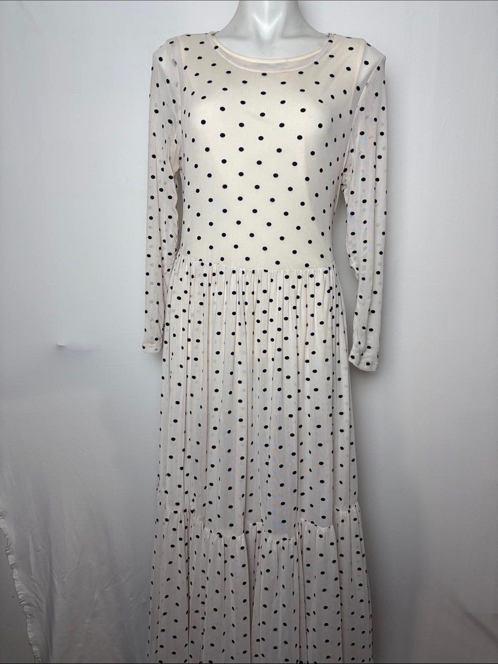 Anne Klein Cream Polka Dot Long Sleeve Maxi Dress